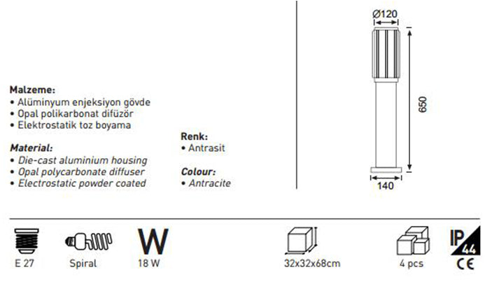 Jupiter Antrasit Bahçe Direk JG724 AN
