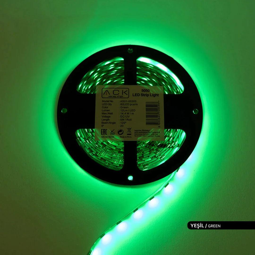 Üç Çip 60 Led Silikonsuz Yeşil Şerit Led 5 metre - Ack